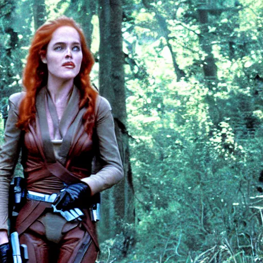 Prompt: movie still of cute young sharon stone as bounty hunter mara jade on the forested mountain planet wayland in star wars episode vii : heir to the empire ( 1 9 9 1 ) ; bare arms ; leather