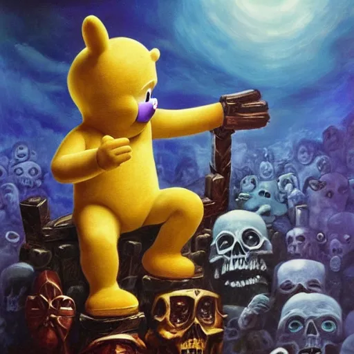 Image similar to teletubby perched atop a throne of skulls, epic dark fantasy oil painting, dimly lit masterpiece, disturbing and evil