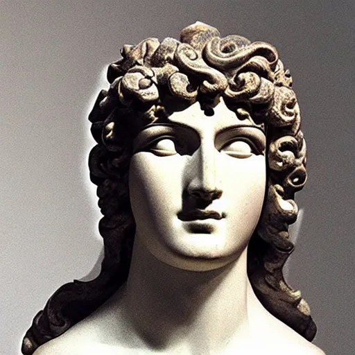 Image similar to antinous statue wearing venetian masquerade mask, symmetry, reflecting flower