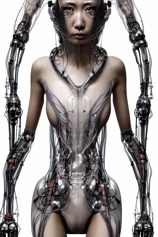 Prompt: beautiful young asian woman, iris van herpen, perfect symmetrical body, full body shot, inflateble shapes, wires, tubes, veins, jellyfish, white biomechanical details, wearing epic bionic cyborg implants, masterpiece, intricate, biopunk, vogue, highly detailed, artstation, concept art, cyberpunk, octane render