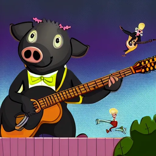 Prompt: The swell pig rat playing guitar while jumping in parachute