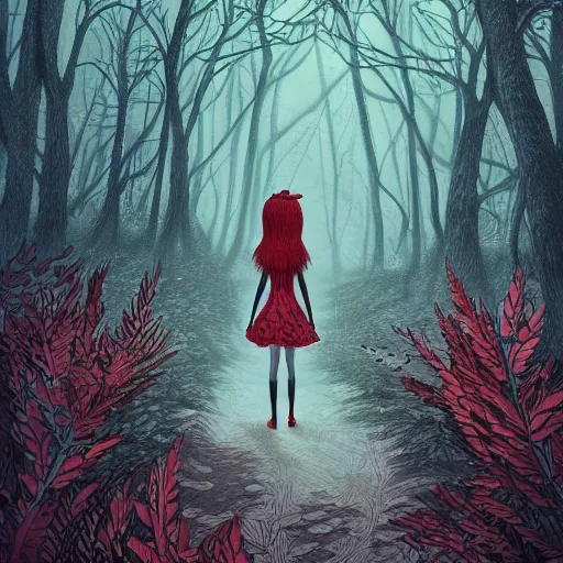 Image similar to a ultra detailed illustration of a red + haired + girl wandering alone in a mysterious forest in the style of thomke meyer and julia plath, on instagram, intricate, fantasy, hyperdetailed