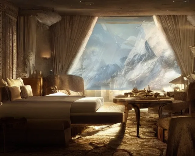 Image similar to a luxury hotel! suite room in the style of prehistoric! iceage, art by greg rutkowski and artgerma, stunning! concept art, interior! design