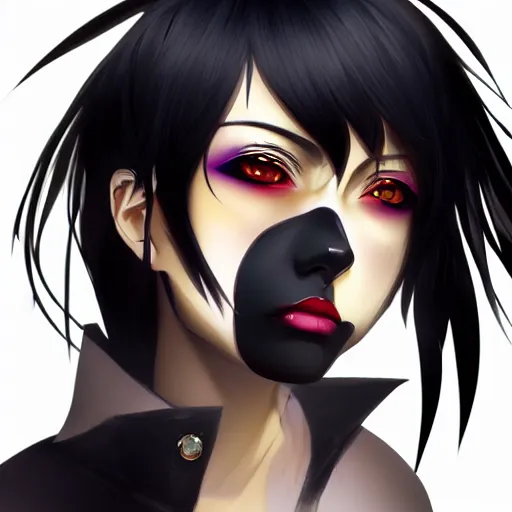 Prompt: front-facing headshot of a young gothic anime woman with black hair and golden highlights, wearing pretty makeup, drawn by WLOP, anime portrait, trending on artstation