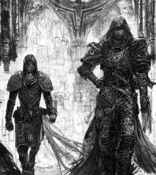 Image similar to long blond hair man in armor with another man with long blong hair tyed up with black robes, pen and ink, intricate line drawings, by craig mullins, ruan jia, kentaro miura, greg rutkowski, loundraw