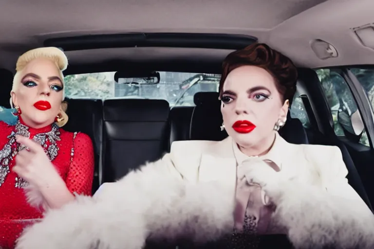 Image similar to lady gaga and judy garland in carpool karaoke, lady gaga, judy garland, red weapon 8 k s 3 5, cooke anamorphic / i lenses, highly detailed, cinematic lighting