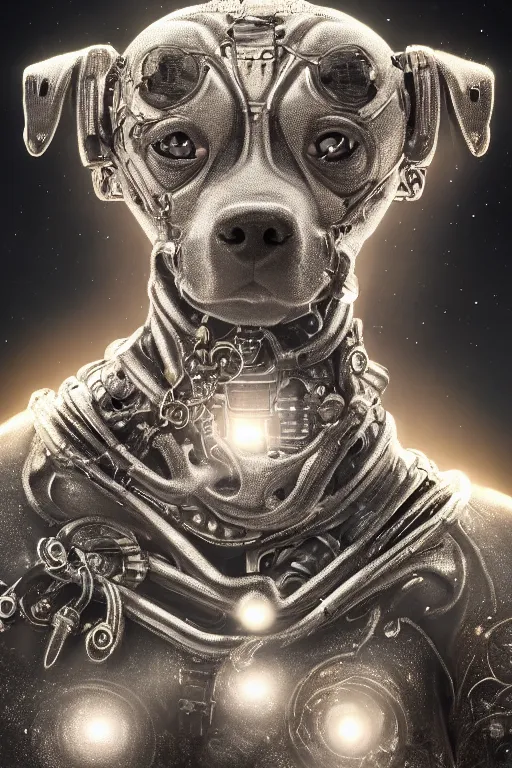 Prompt: a beautiful ultradetailed fine art photo of an ancient aztec hairless cybernetic cyborg dog set against starry space, by tom bagshaw and anna dittman, portrait, soft backlighting, vignette, 5 0 mm lens, golden ratio composition, detailed faces, studio lighting, very detailed, industrial mechanical robot dogs, artstation, 8 k, highly coherent