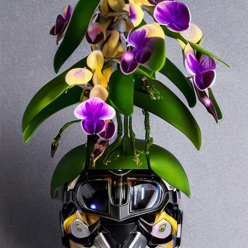 Prompt: futuristic phalaenopsis amabilis mecha tiger face in moon orchid body, sepals forming helmet, floral details, phalaenopsis, 8 k hd resolution, barbatos gundam with floral inlay, bandai box art, star wars, makoto kobayashi, frank gehry, raymond swanland