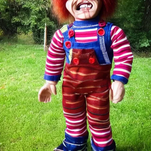 Prompt: Chucky the killer doll standing in the yard