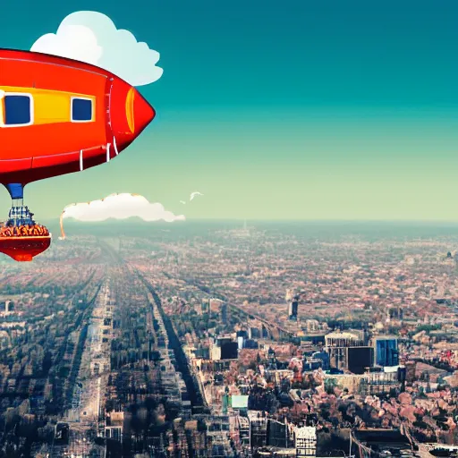 Prompt: blimp. over a city with a picture of a cow