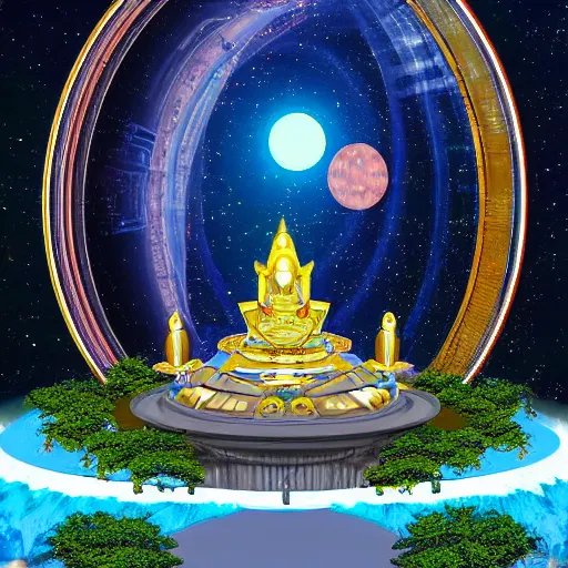 Prompt: a floating temple with planets in the sky