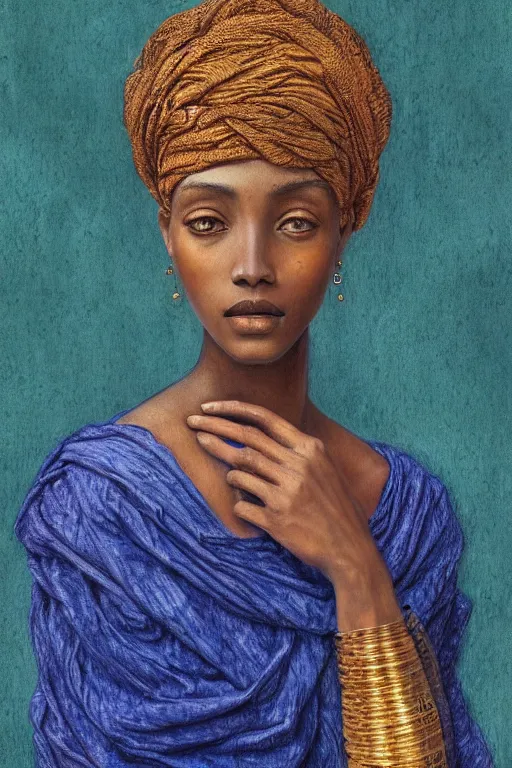 Image similar to Portrait of a Beautiful African female, sad green eyes, beautiful skin, elegant, jewellery, digital painting, Pre-Raphaelites, highly detailed, concept art, smooth, sharp focus, gold and indigo, illustration, art by Klimt .