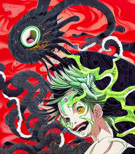 Image similar to Kimetsu no Yaiba by Alex Pardee and Nekro and Petros Afshar, and James McDermott,unstirred paint, vivid color, cgsociety 4K