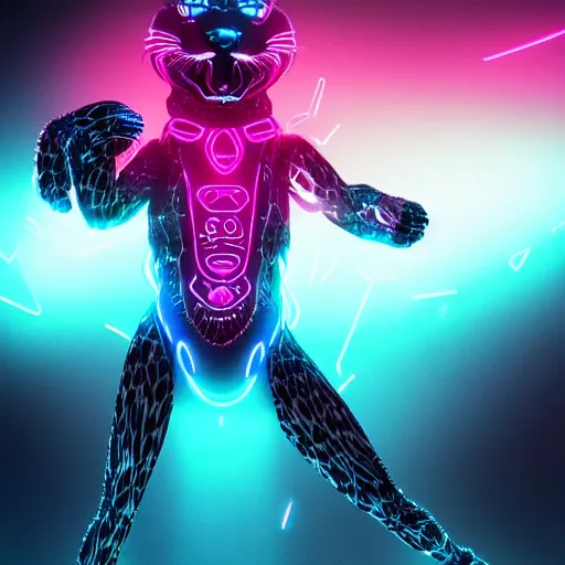 Prompt: a black cybernetic cheetah with neon blue and neon pink spots sitting down, octane render, trending on artstation, digital art, 4k, high detail, cinematic, cinematic lighting, high detail, realistic, fantasy,