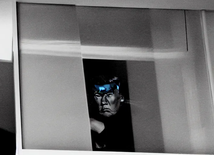 Image similar to screenshot from moody scene of Donald Trump looking out window, in High and Low, 1963 film directed by Akira Kurosawa, kodak film stock, black and white, anamorphic lens, 4K, detailed, stunning cinematography and composition shot by Takao Saito, 70mm