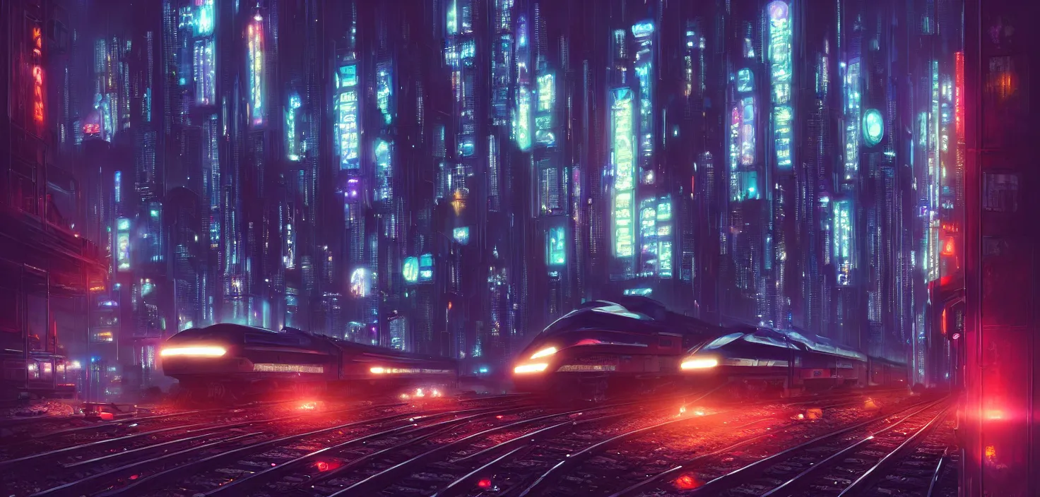 Image similar to a painting of a city at night with a train on the tracks, cyberpunk art by stephan martiniere, cg society contest winner, panfuturism, matte painting, dystopian art, reimagined by industrial light and magic