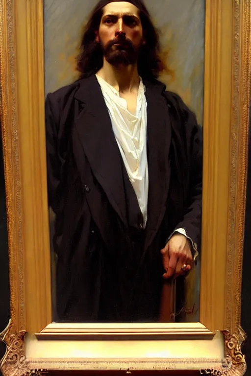 Image similar to leyendecker and solomon joseph solomon and richard schmid and jeremy lipking victorian loose genre loose painting full length portrait painting of jesus