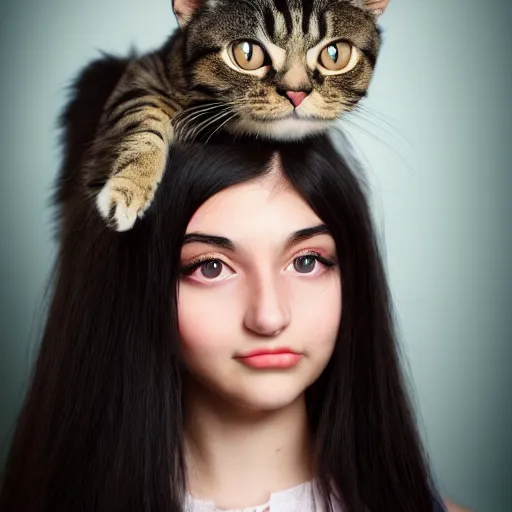 Image similar to a girl with long dark hair, big shiny dark eyes holding a cat in her arms, a stock photo by juan villafuerte and minerva j. chapman, pexels contest winner, high quality photo, rtx, hd, tumblr contest winner, anime, pretty, shiny eyes, sensual