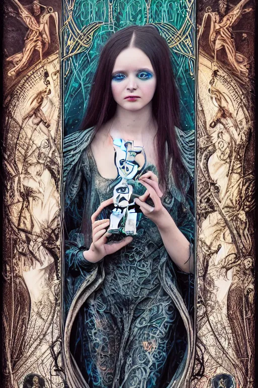 Image similar to Cinestill 50d, 8K, highly detailed, major arcana H.R Giger art nouveau nightmare Agnieszka Lorek tarot star card style 3/4 closeup portrait, eye contact, focus on model, tilt shift background: famous major arcana tarot remake, transformation scene