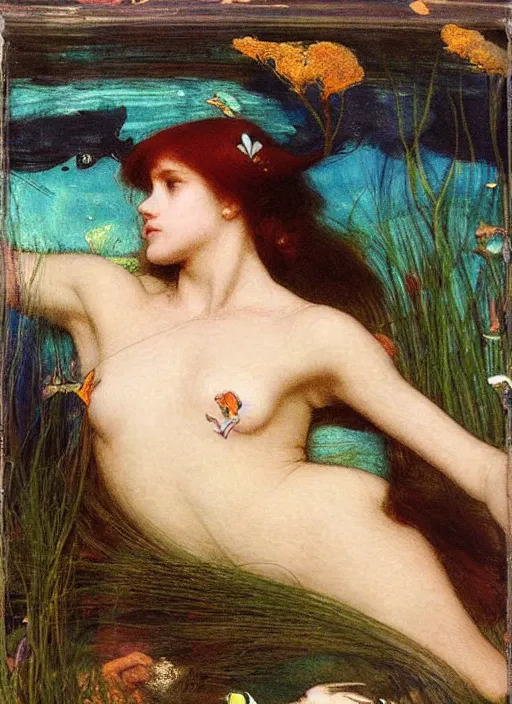 Image similar to lady laying under the sea on the seabed amongst the weeds, underwater shot, submerged, medium shot, on the bed of the river preraphaelite colour photography by john william waterhouse, 8 k