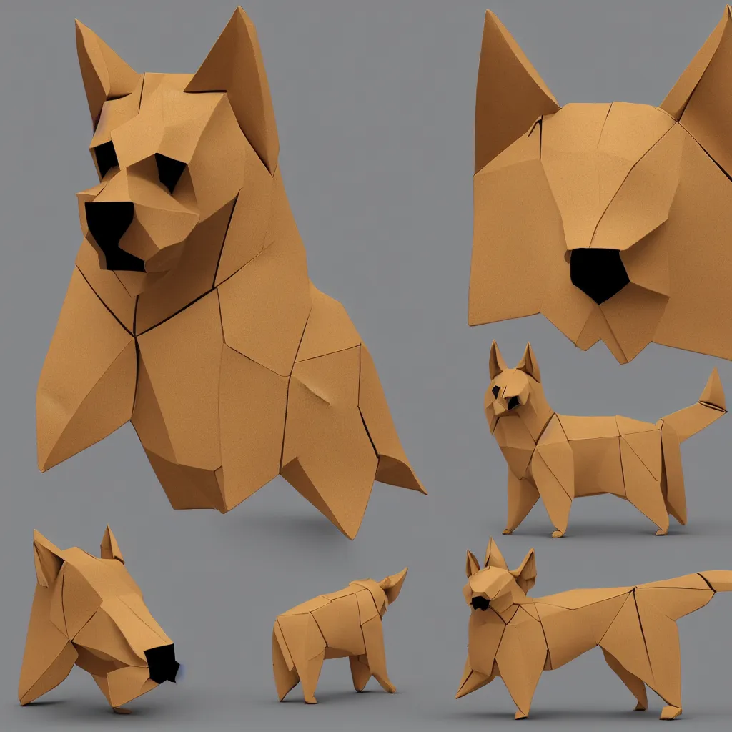 Image similar to 3 d rendering of japanese cardboard origami of simplified shape of german shepherd, 2 d image, trending on artstation