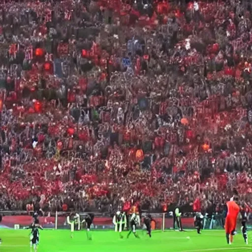 Image similar to war between benfica fans and FC Porto fans, dramatic cinematic war scene