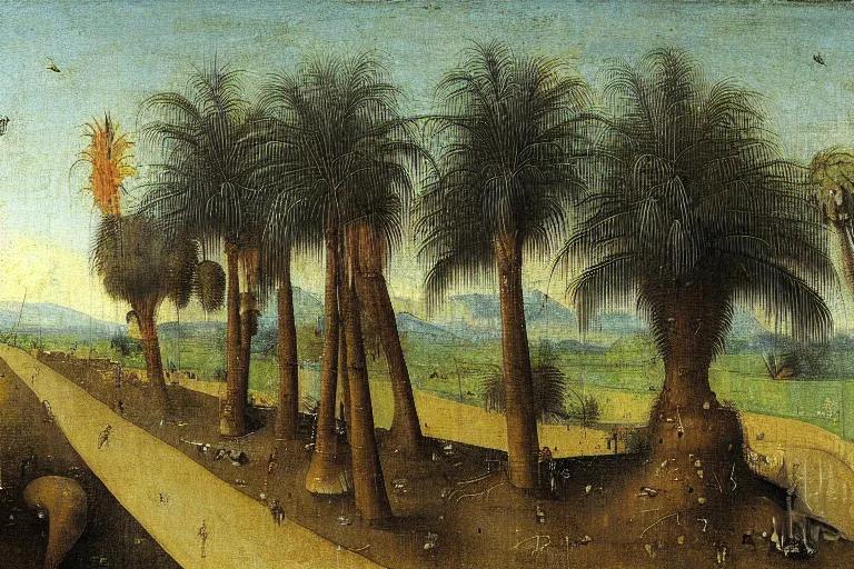 Prompt: southern california landscape palm trees freeway painted by hieronymus bosch