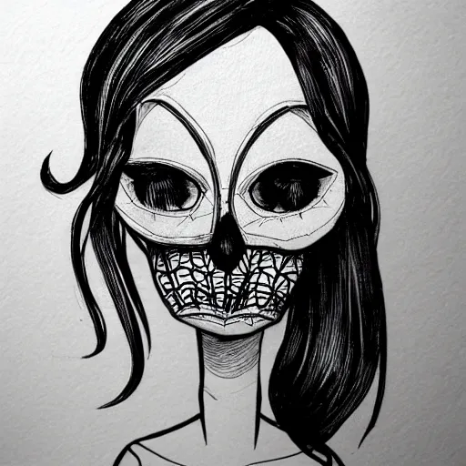 Image similar to black ink on paper, doll head with spider legs, trending on artstation, beautiful, intricate, detailed