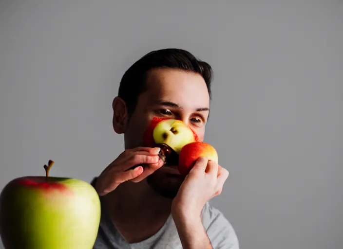 Image similar to photo still of a banana eating an apple, 8 k, studio lighting bright ambient lighting key light, 8 5 mm f 1. 8