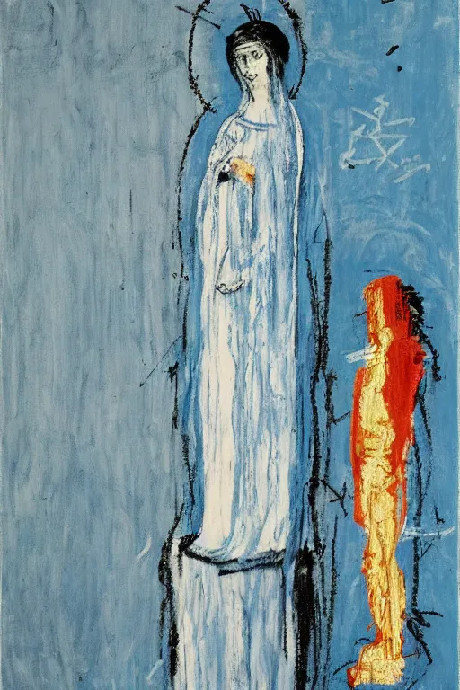 Image similar to light blue, virgin mary of lourdes painted by cy twombly and basquiat