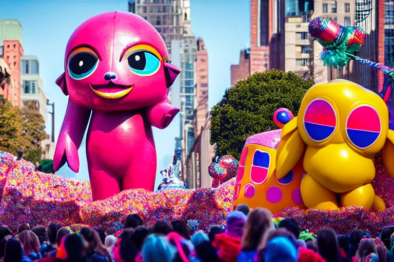 Image similar to photo of giant cute elaborate parade float character designed by ( ( ( ( ( ( ( ( rutowski ) ) ) ) ) ) ) ) and beeple!!!!!!!!!!!!!!, in the macys parade, detailed 4 k photo,