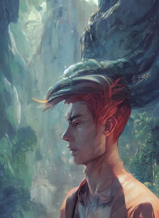 Image similar to a portrait of a male character in a scenic environment by Ross Tran and by Jesper Ejsing and by Mikalojus Konstantinas Ciurlionis