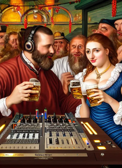 Prompt: large technics dj table octoberfest invite card, large beardless man and large round beautifull faced woman watching together to the camera, beer glasses, strudels and birthday presents surrounded by presents, photoshoot, 4 k, hyper realistic, natural, highly detailed, digital illustration, trending in artstation, classical painting, smooth, sharp focus art by ilya repin
