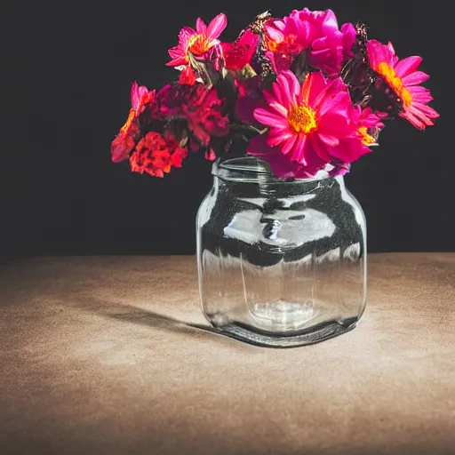 Prompt: photo of a man in a jar on a table, flower still life, close up, studio lighting