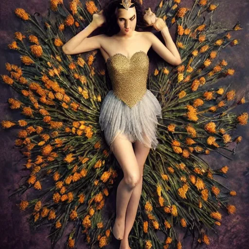 Prompt: full body fine art photo of the beauty gal gadot, she has a crown and a dress made of dried flowers done by oleg oprisco