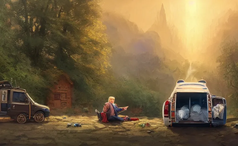 Image similar to highly detailed portrait of donald trump living in a van, down by the river, homeless, stephen bliss, unreal engine, fantasy art by greg rutkowski, loish, rhads, ferdinand knab, makoto shinkai and lois van baarle, ilya kuvshinov, rossdraws, tom bagshaw, global illumination, radiant light, detailed and intricate environment