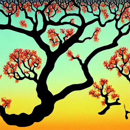 Image similar to birds on cherry tree, Changelingcore, serene, graceful, sunset photo at golden hour, Kodachrome, digital painting by M. C. Escher