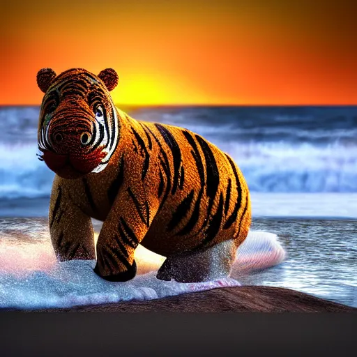 Image similar to a closeup photorealistic photograph of a cute smiling knitted tiger hippopotamus chasing a beachball at sunset. surf in the background. professional capture. this 4 k hd image is trending on artstation, featured on behance, well - rendered, extra crisp, features intricate detail, epic composition and the style of unreal engine.