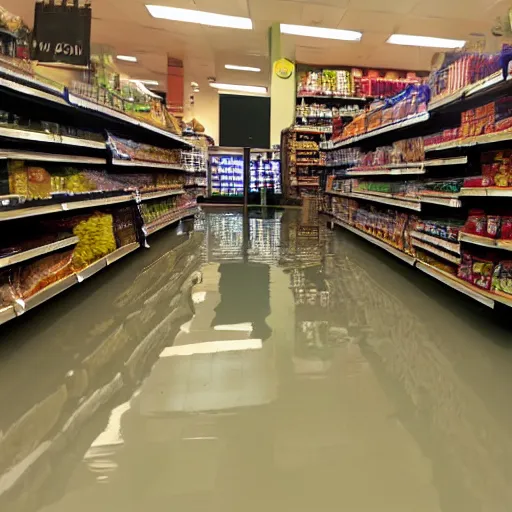 Prompt: photo of a grocery store interior, the floor is flooded with one meter deep water. eerie, volumetric lighting.