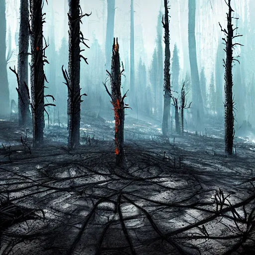 a burned lifeless forest, with burned trees, concept | Stable Diffusion ...