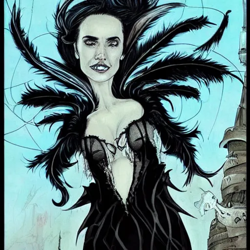 Image similar to Jennifer Connelly as dark fae gothic atompunk evil Disney villain queen with black feather hair, feathers growing out of skin, shedding feathers, in front of space station window, Mike mignola, trending on artstation, comic book cover, illustration