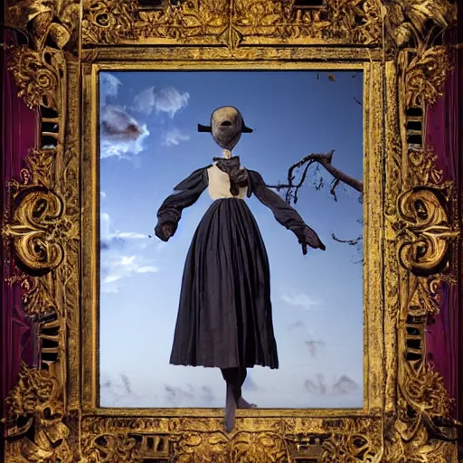 Image similar to female scarecrow hyper realistic, elegant, ornate, elite, horror, creepy, ominous, haunting, cinematic lighting, metal plate photograph, unreal engine, symmetrical, cinematic centered camera, high detail by Isaac Levitan, Frederic Church and Vasily Perov