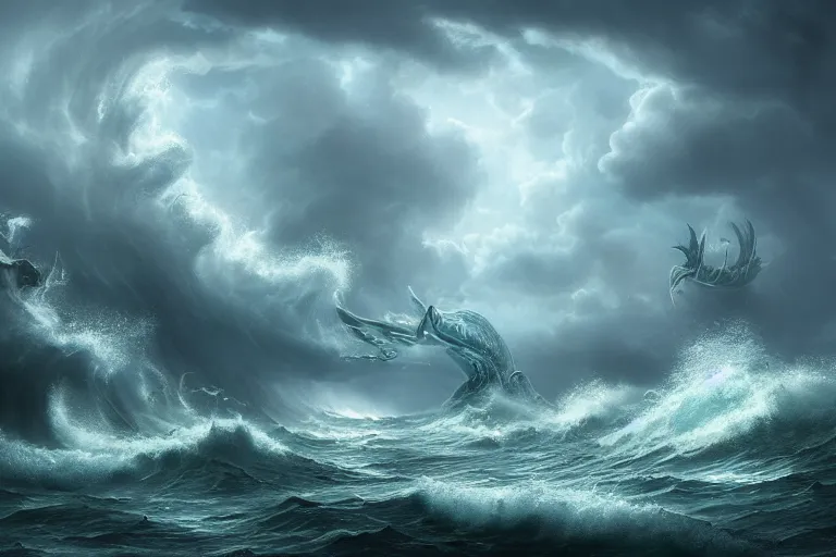 Image similar to immense powerful serpentine sea monsters battling among crashing waves, highly detailed fantasy art, dramatic lighting, stormy weather, great quality,