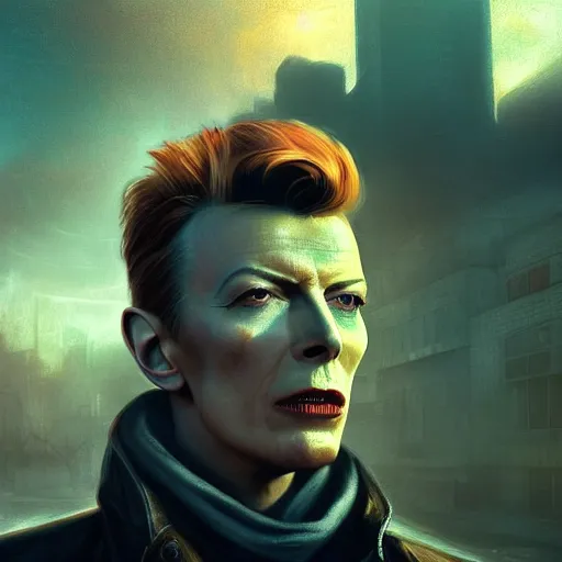 Image similar to fallout 5, charismatic david bowie, portrait, outdoors ruined cityscape, atmospheric lighting, painted, intricate, volumetric lighting, beautiful, daytime, sunny weather, slight overcast, sharp focus, deep colours, ultra detailed, by leesha hannigan, ross tran, thierry doizon, kai carpenter, ignacio fernandez rios