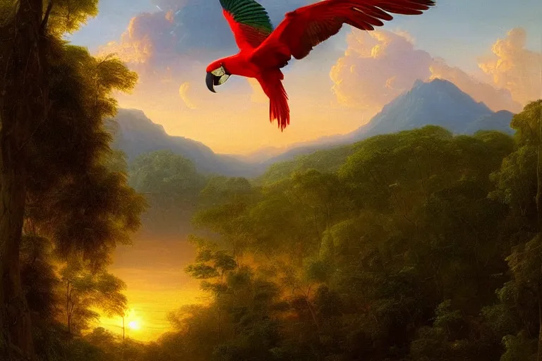 Image similar to gorgeous scarlet macaws flying at sunset in the distance through the forest, jungle mountains in the background, highly detailed, heavenly lighting, trending on art station, very detailed birds, painting by thomas cole