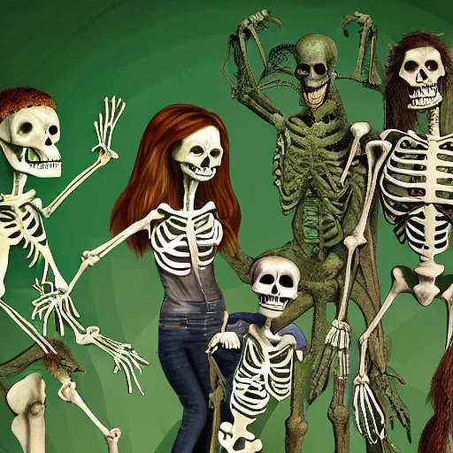 Image similar to A family portrait at the zoo of a sasquatch, a human lizard, a green alien and a skeleton, photorealistic style