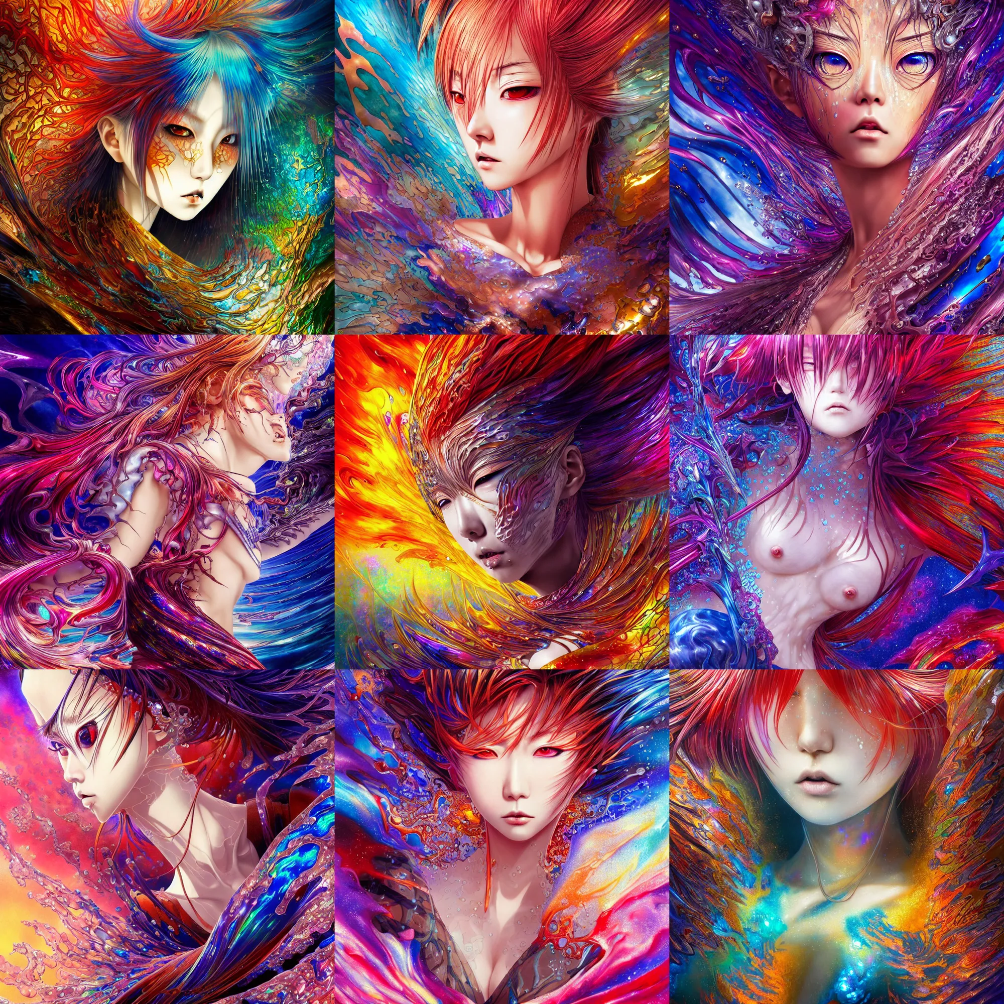 Prompt: ultra detailed stunning digital painting of a angry japanese anime girl covered in abstract fractal metal shapes, lost in a liquid iridescent dream, absolute gorgeous by Karol Bak, Moebius, hiroshi yoshida, Druillet, xsullo, colorful, front view, vivid colors, 8k, coherent, anime vibes, uplifting, magical composition, artstation, synthwave, 8k, coherent, artgerm, uplifting, unreal engine, magical composition, artstation