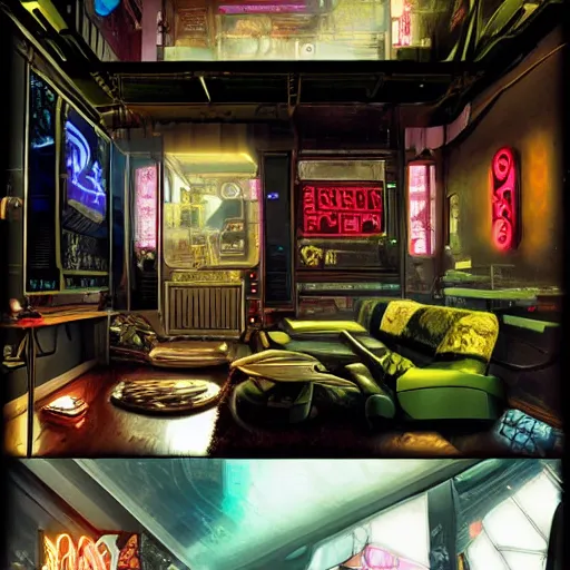 Image similar to cyberpunk art nouveau living space inspired by the movie Bladerunner