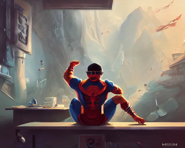 Image similar to an insanely detailed painting of a nerdy asian man wearing a superhero costume, sitting at a desk, staring at the nervously at the computer and typing, in the style of peter mohrbacher, dramatic lighting and composition, octane render, pixar, trending on artstation, concept art, comic book, view from behind