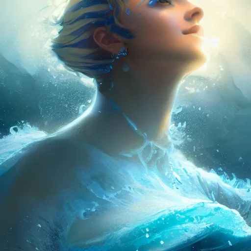 Image similar to beautiful goddess of water stands in her power as waves crash around her, 8k resolution matte fantasy painting, cinematic lighting, DeviantArt Artstation, by Ross Tran